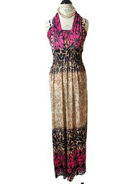 Julie Womens XL Halter Maxi Dress Floral Black Pink Sleeveless Boho Shirred Beac